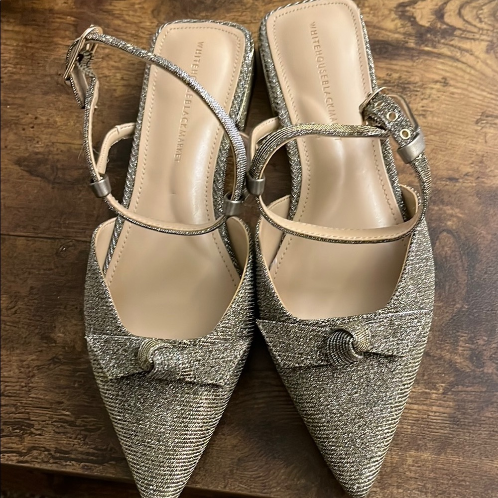 White House Black Market Silver Heels with Bow Detail